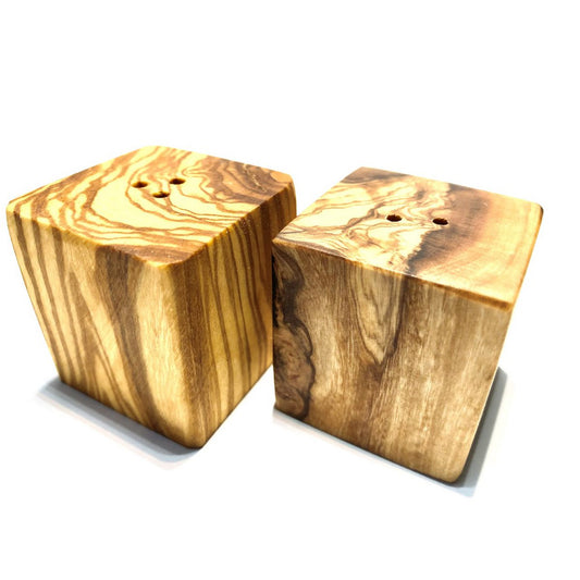 Set of 2 salt and pepper shakers CUBE made of olive wood